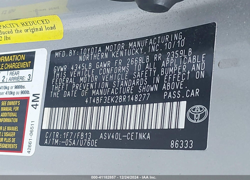 2011 TOYOTA CAMRY LE VIN: 4T4BF3EK2BR148277