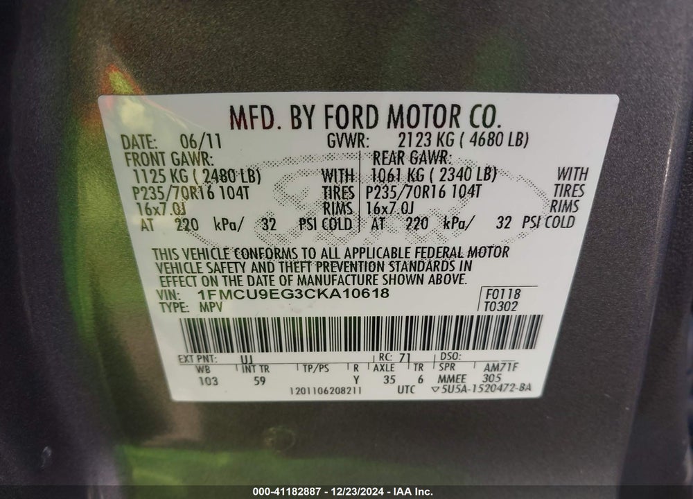 2012 FORD ESCAPE LIMITED VIN: 1FMCU9EG3CKA10618