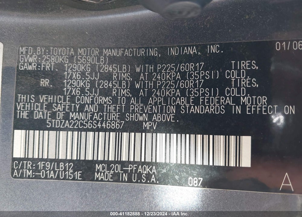 2006 TOYOTA SIENNA VIN: 5TDZA22C56S446867