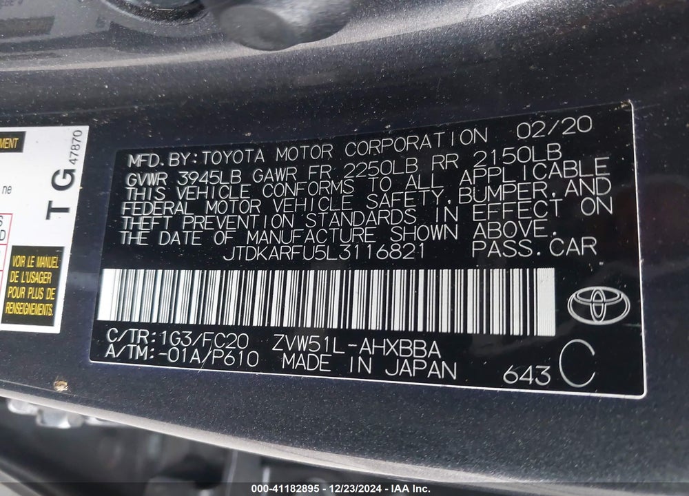 2020 TOYOTA PRIUS VIN: JTDKARFU5L3116821