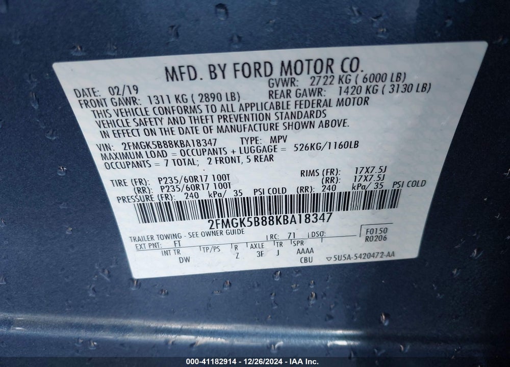 2019 FORD FLEX SE VIN: 2FMGK5B88KBA18347