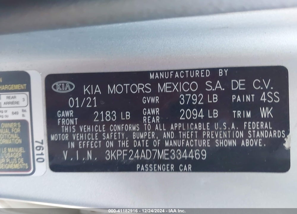 2021 KIA FORTE VIN: 3KPF24AD7ME334469