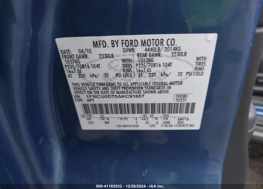 2010 FORD ESCAPE XLT VIN: 1FMCU0D70AKC91657