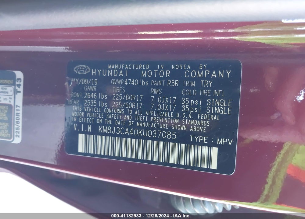 2019 HYUNDAI TUCSON VIN: KM8J3CA40KU037085