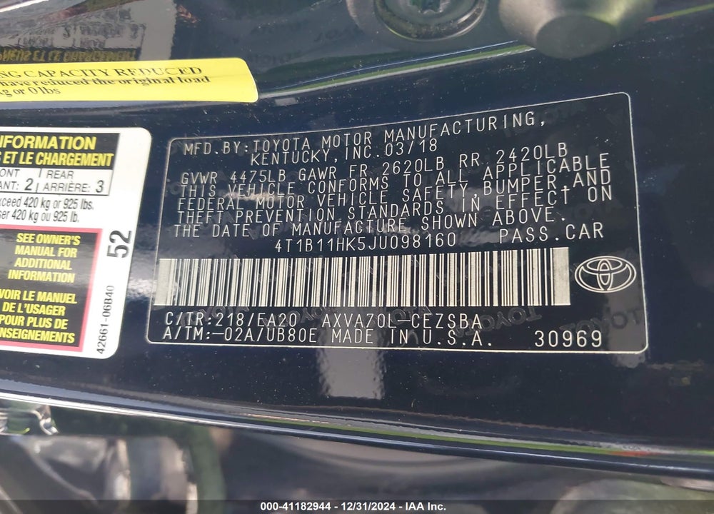 2018 TOYOTA CAMRY VIN: 4T1B11HK5JU098160
