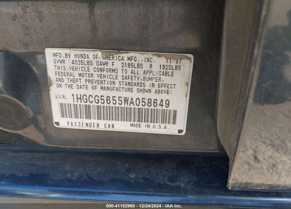 1998 HONDA ACCORD EX VIN: 1HGCG5655WA058649