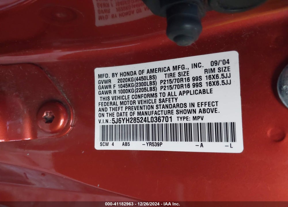 2004 HONDA ELEMENT EX VIN: 5J6YH28524L036701