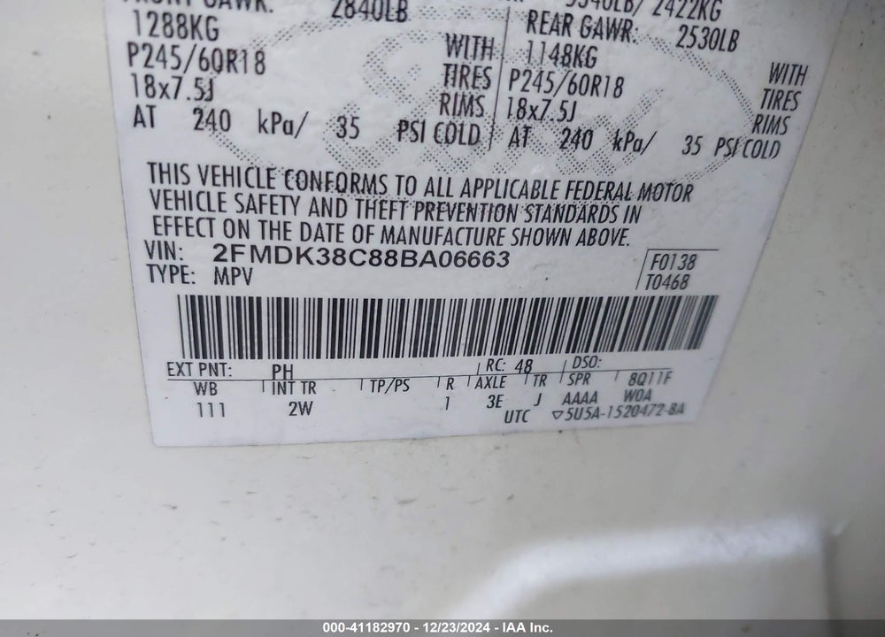 2008 FORD EDGE SEL VIN: 2FMDK38C88BA06663