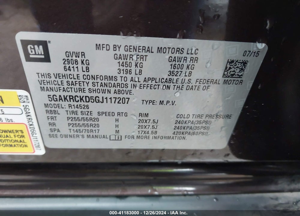 2016 BUICK ENCLAVE PREMIUM VIN: 5GAKRCKD5GJ117207