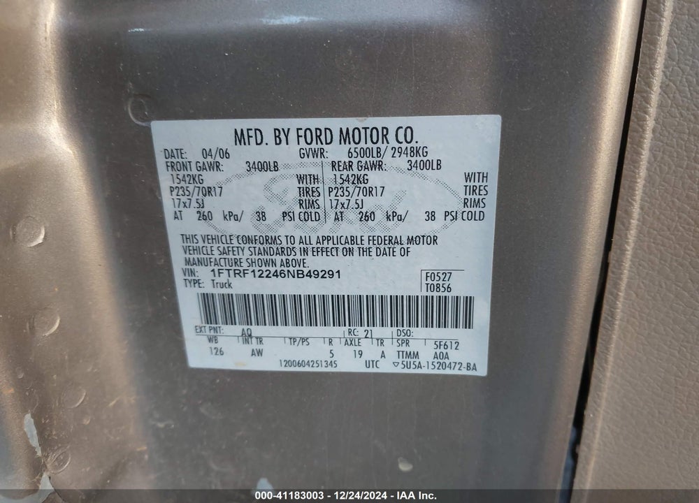 2006 FORD F-150 STX/XL/XLT VIN: 1FTRF12246NB49291
