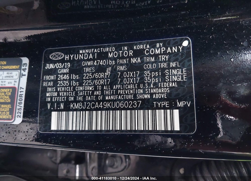 2019 HYUNDAI TUCSON VIN: KM8J2CA49KU060237