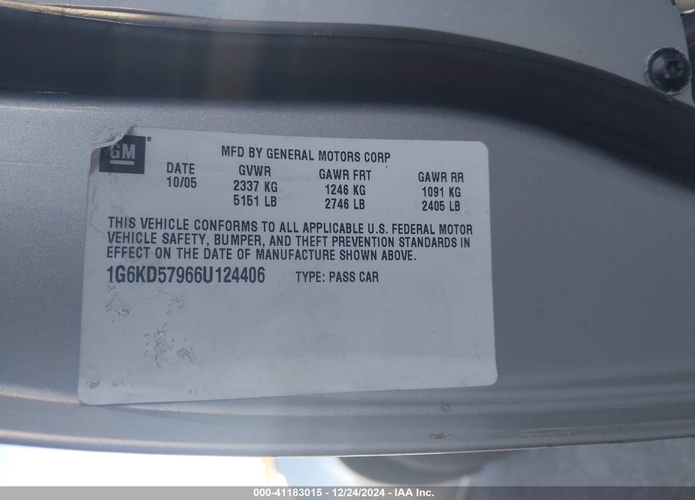 2006 CADILLAC DTS PERFORMANCE VIN: 1G6KD57966U124406