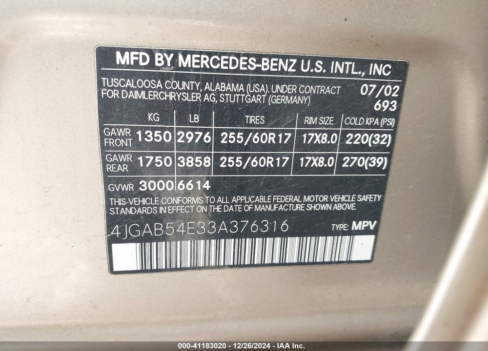 2003 MERCEDES-BENZ ML 320 VIN: 4JGAB54E33A376316
