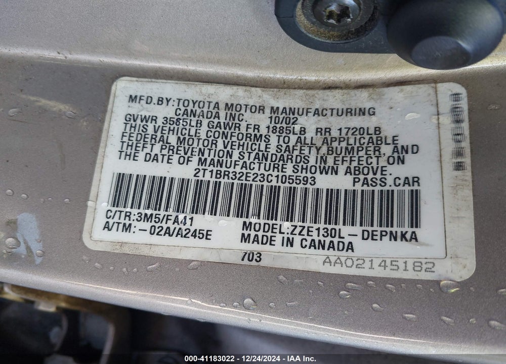 2003 TOYOTA COROLLA LE VIN: 2T1BR32E23C105593