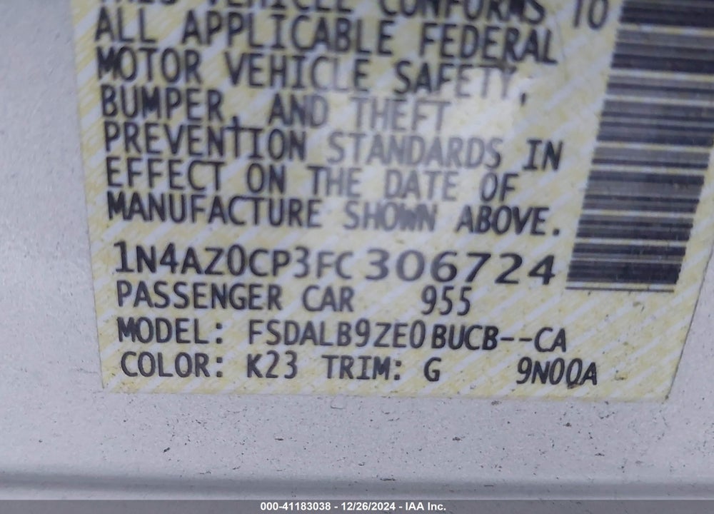 2015 NISSAN LEAF S VIN: 1N4AZ0CP3FC306724