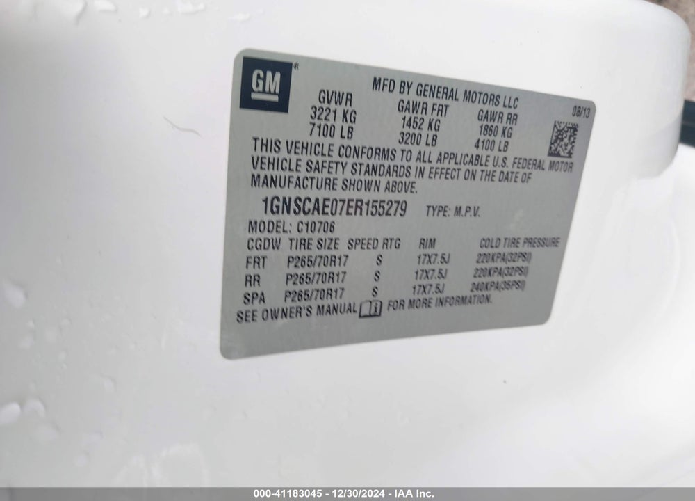 2014 CHEVROLET TAHOE LS VIN: 1GNSCAE07ER155279