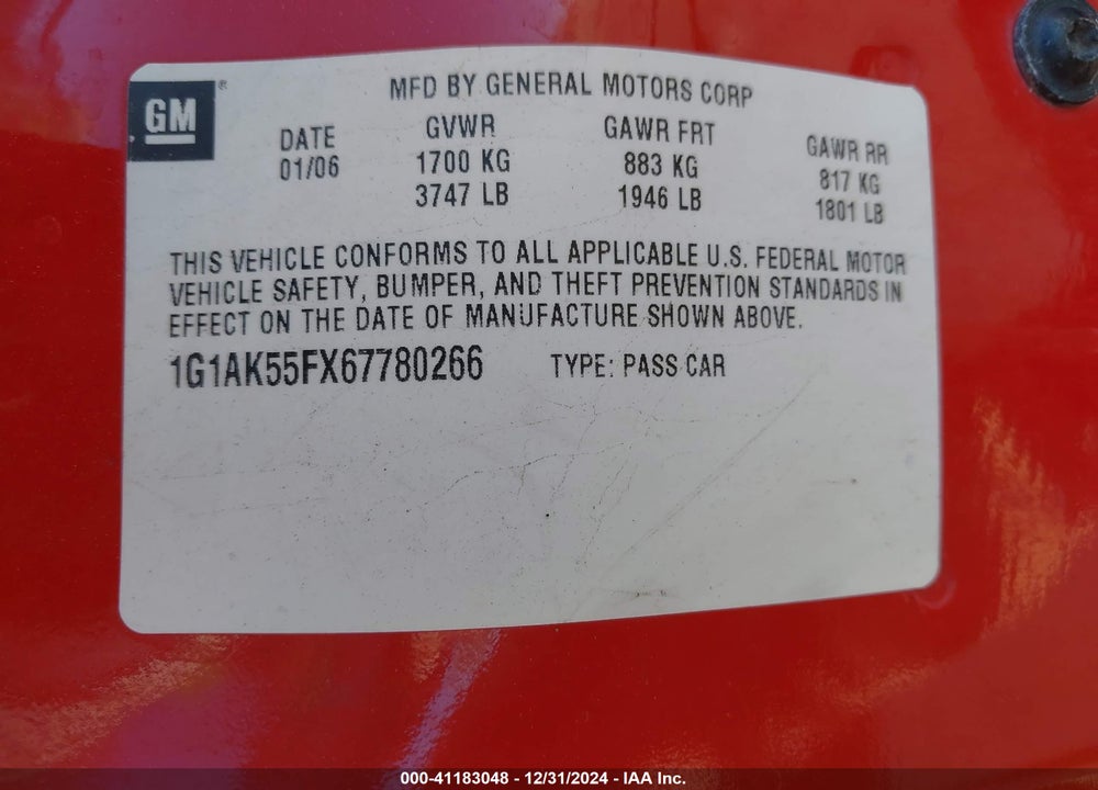 2006 CHEVROLET COBALT LS VIN: 1G1AK55FX67780266