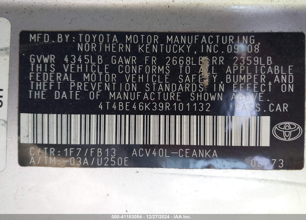 2009 TOYOTA CAMRY LE VIN: 4T4BE46K39R101132