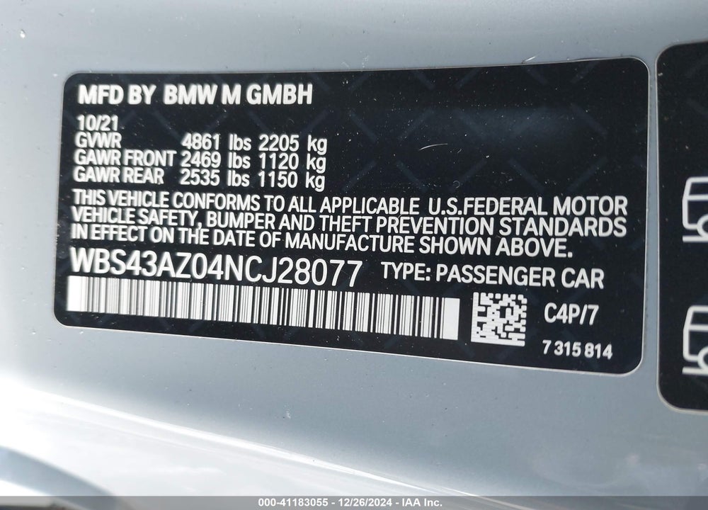 2022 BMW M4 VIN: WBS43AZ04NCJ28077
