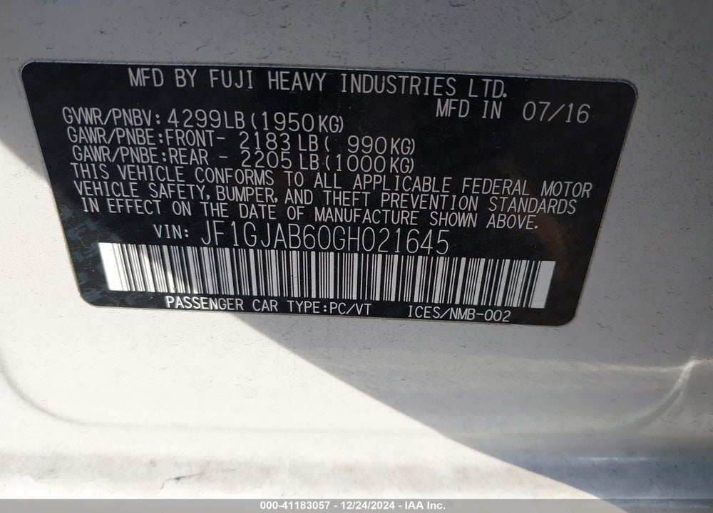 2016 SUBARU IMPREZA 2.0I PREMIUM VIN: JF1GJAB60GH021645
