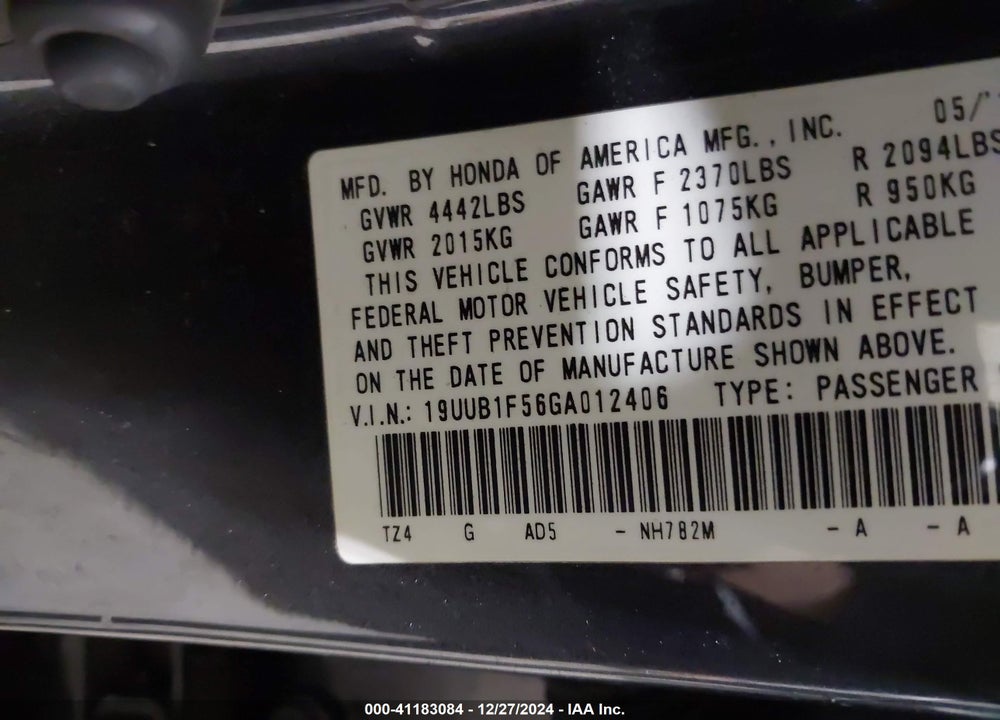 2016 ACURA TLX TECH VIN: 19UUB1F56GA012406