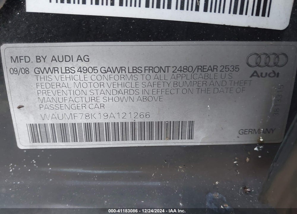 2009 AUDI A4 2.0T PREMIUM VIN: WAUMF78K19A121266