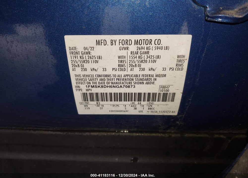 2022 FORD EXPLORER XLT VIN: 1FMSK8DH6NGA70873