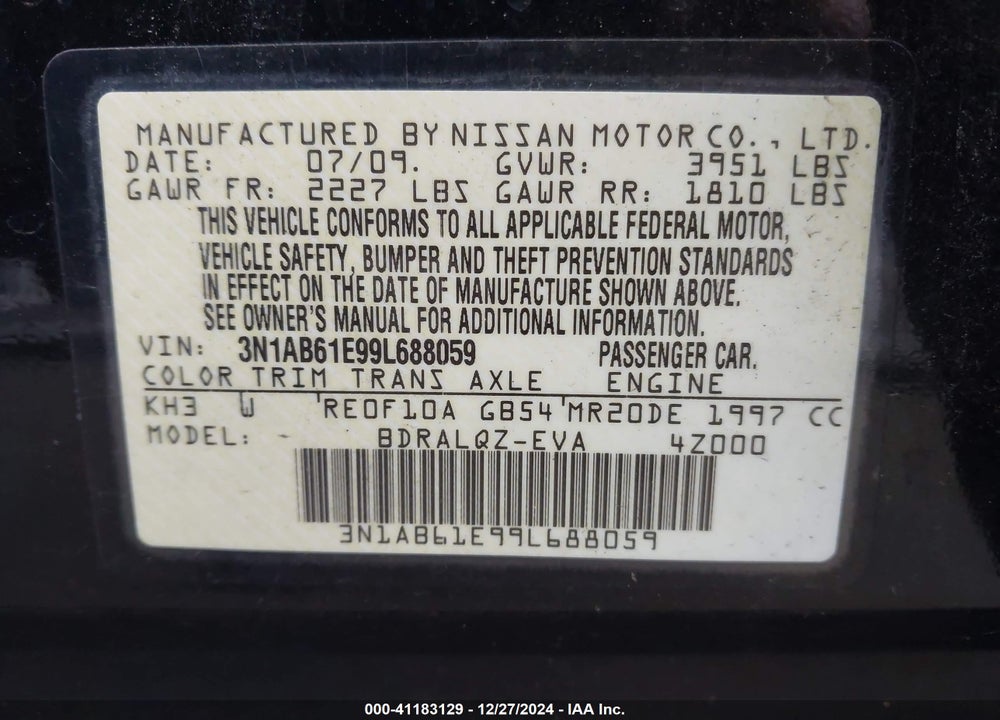 2009 NISSAN SENTRA 2.0 VIN: 3N1AB61E99L688059