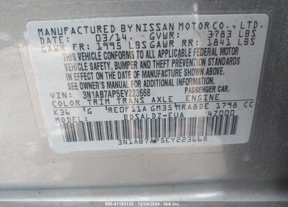 2014 NISSAN SENTRA SV VIN: 3N1AB7AP5EY223668