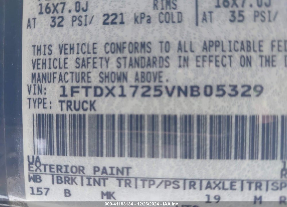 1997 FORD F-150 STANDARD/XL/XLT VIN: 1FTDX1725VNB05329