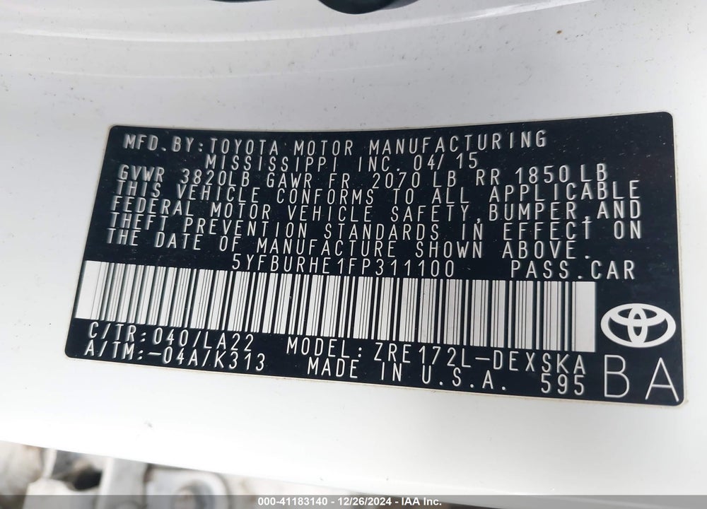 2015 TOYOTA COROLLA VIN: 5YFBURHE1FP311100