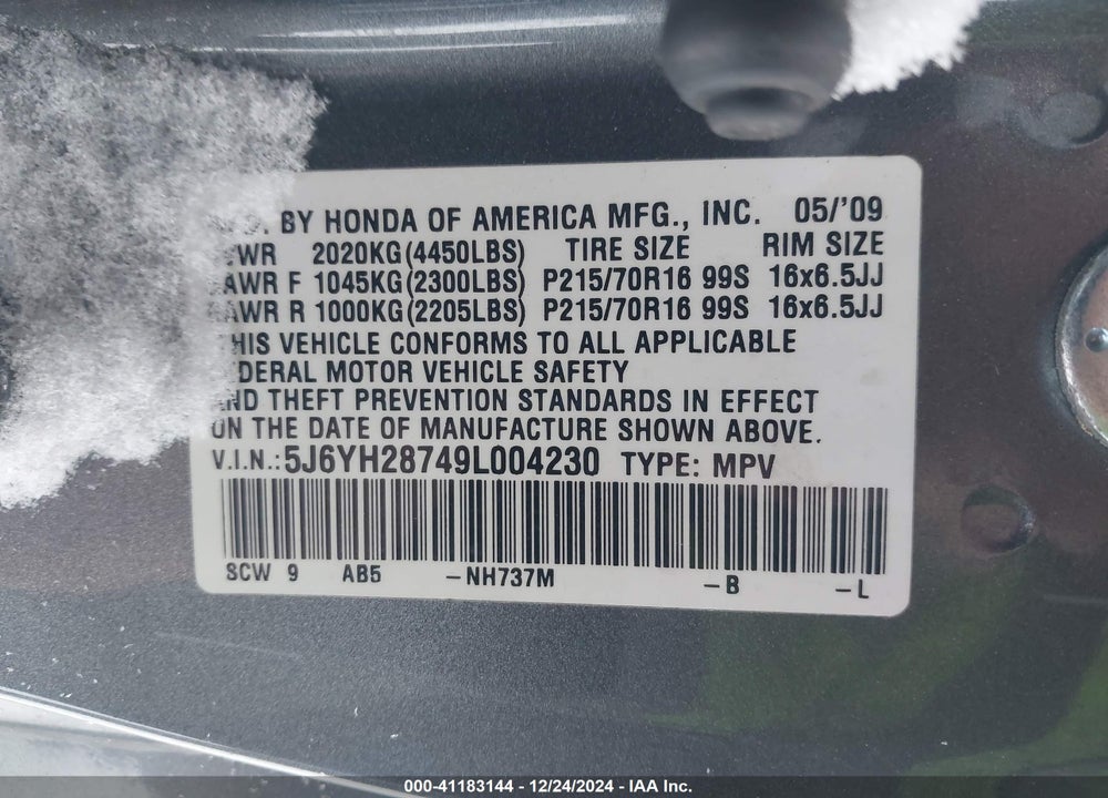 2009 HONDA ELEMENT EX VIN: 5J6YH28749L004230
