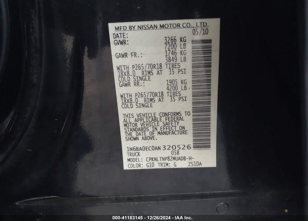 2010 NISSAN TITAN SE VIN: 1N6BA0EC0AN320526