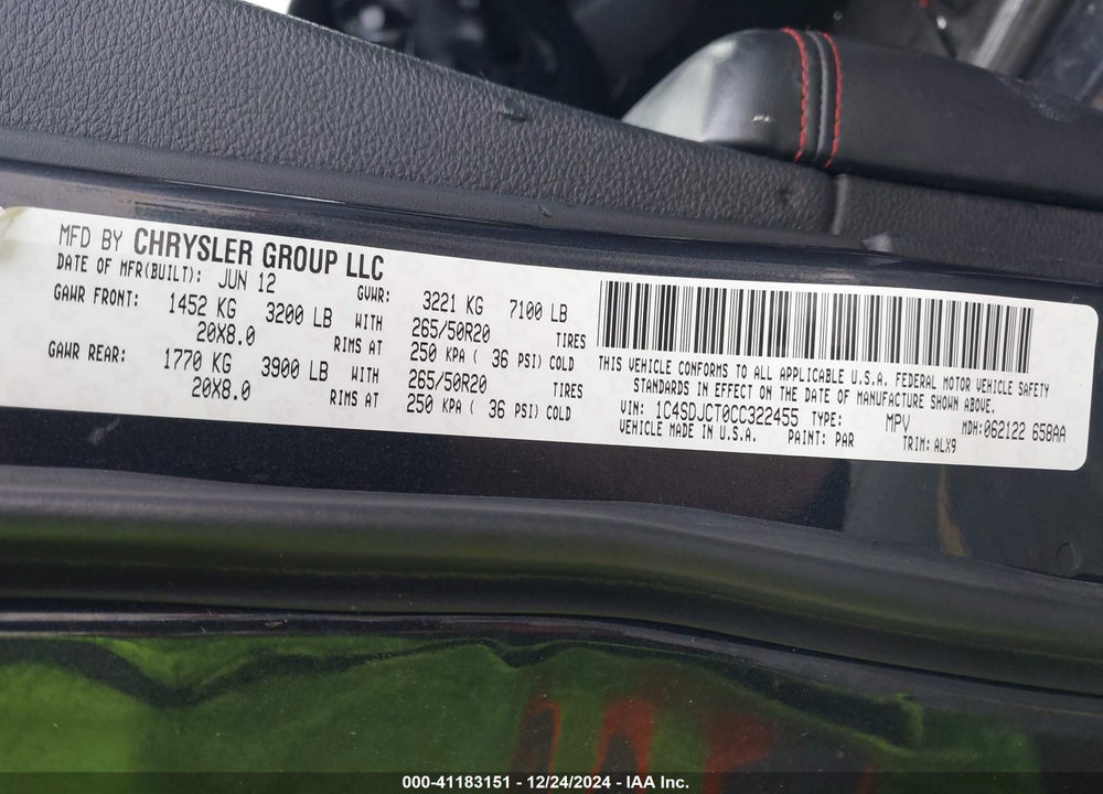 2012 DODGE DURANGO R/T VIN: 1C4SDJCT0CC322455