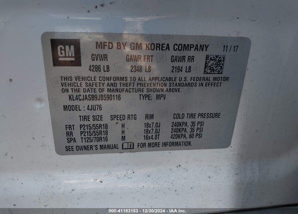2018 BUICK ENCORE PREFERRED VIN: KL4CJASB9JB590116