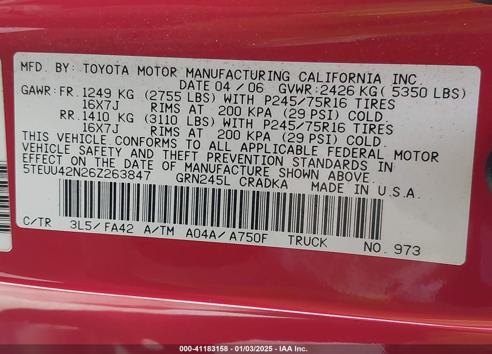 2006 TOYOTA TACOMA BASE V6 VIN: 5TEUU42N26Z263847