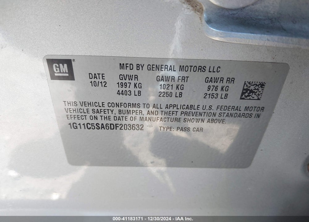 2013 CHEVROLET MALIBU VIN: 1G11C5SA6DF203632