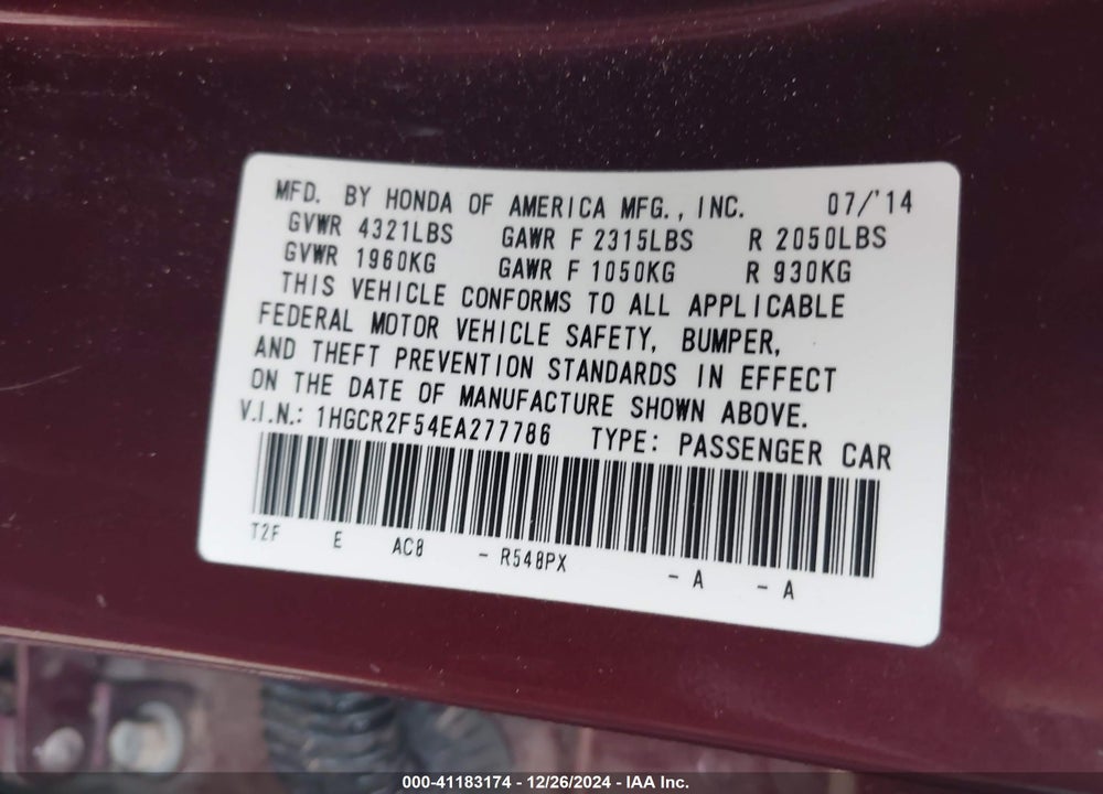 2014 HONDA ACCORD SPORT VIN: 1HGCR2F54EA277786