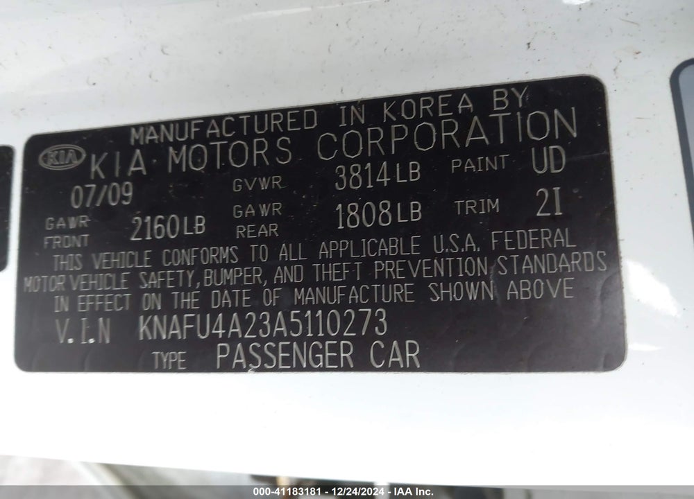 2010 KIA FORTE EX VIN: KNAFU4A23A5110273