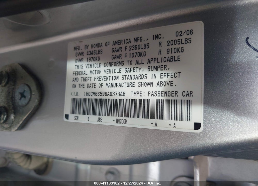2006 HONDA ACCORD 3.0 EX VIN: 1HGCM66596A037348