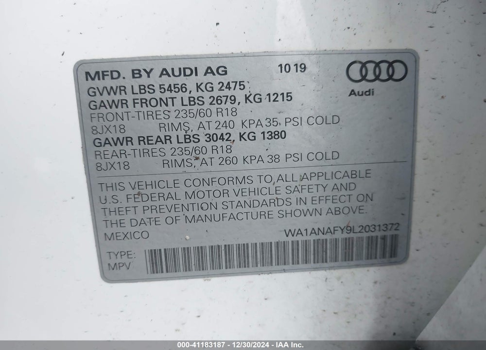2020 AUDI Q5 PREMIUM 45 TFSI QUATTRO S TRONIC/TITANIUM PREMIUM 45 TFSI QUATTRO S TRONIC VIN: WA1ANAFY9L2031372