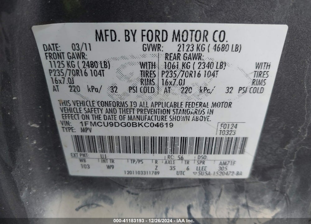 2011 FORD ESCAPE XLT VIN: 1FMCU9DG0BKC04619