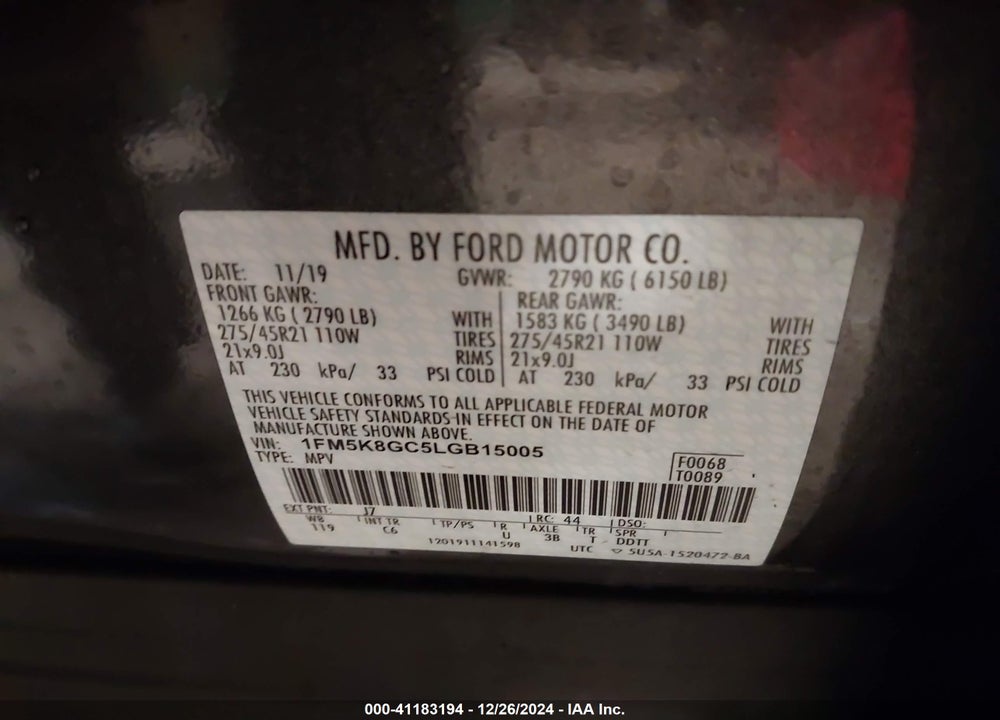 2020 FORD EXPLORER ST VIN: 1FM5K8GC5LGB15005