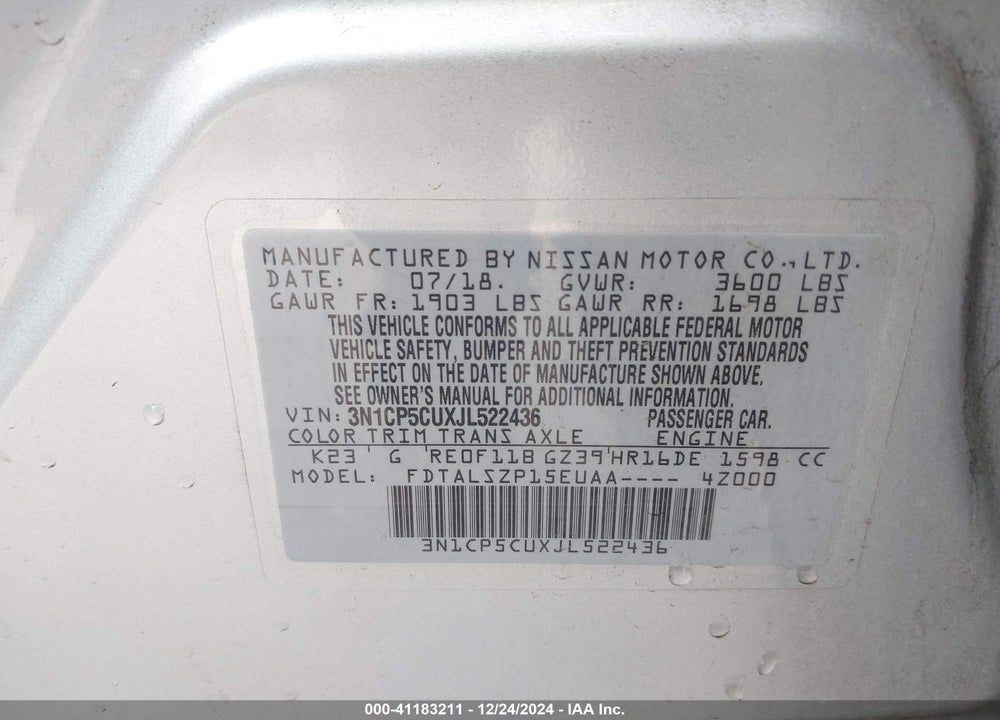 2018 NISSAN KICKS SV VIN: 3N1CP5CUXJL522436