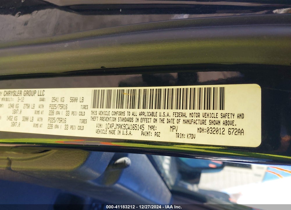 2012 JEEP LIBERTY VIN: 1C4PJMAK9CW165145