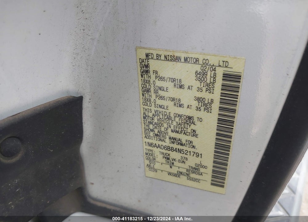2004 NISSAN TITAN LE VIN: 1N6AA06B84N521791