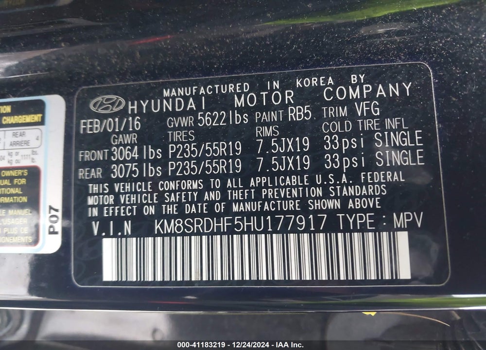 2017 HYUNDAI SANTA FE LIMITED ULTIMATE VIN: KM8SRDHF5HU177917
