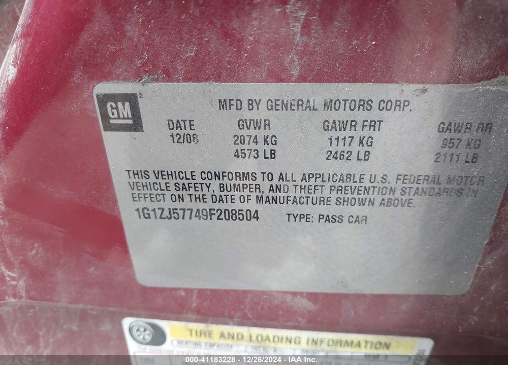 2009 CHEVROLET MALIBU LT VIN: 1G1ZJ57749F208504