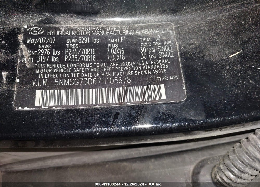 2007 HYUNDAI SANTA FE GLS VIN: 5NMSG73D67H105678