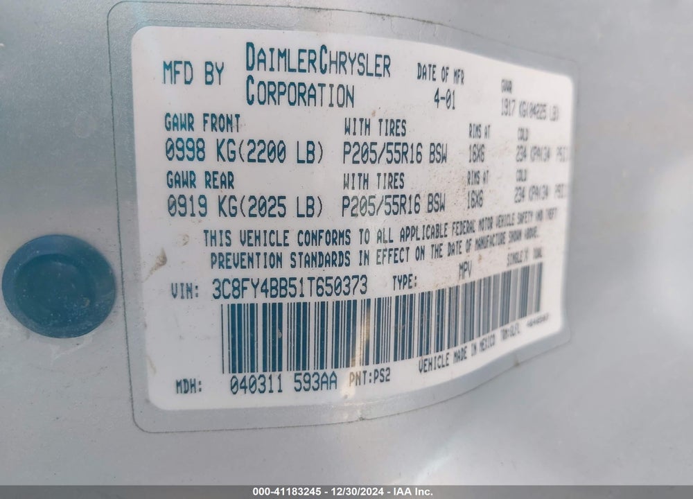2001 CHRYSLER PT CRUISER VIN: 3C8FY4BB51T650373